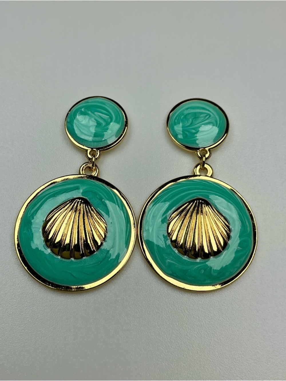 Gold & Turquoise Hand Painted Enamel Shell Earrings Drop Nautical